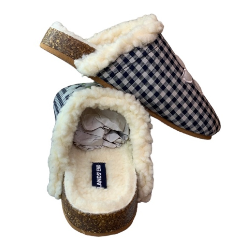 LANDSEND Draper James Womens Scuff Slippers Warm Sherpa Lined Gingham & Clover - Picture 2 of 3